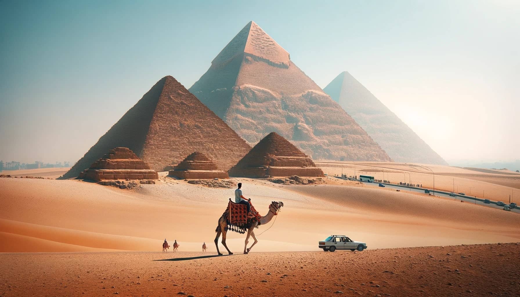 Great Pyramids of Giza on a bright day. In the foreground, there is a vast desert with a person riding a camel