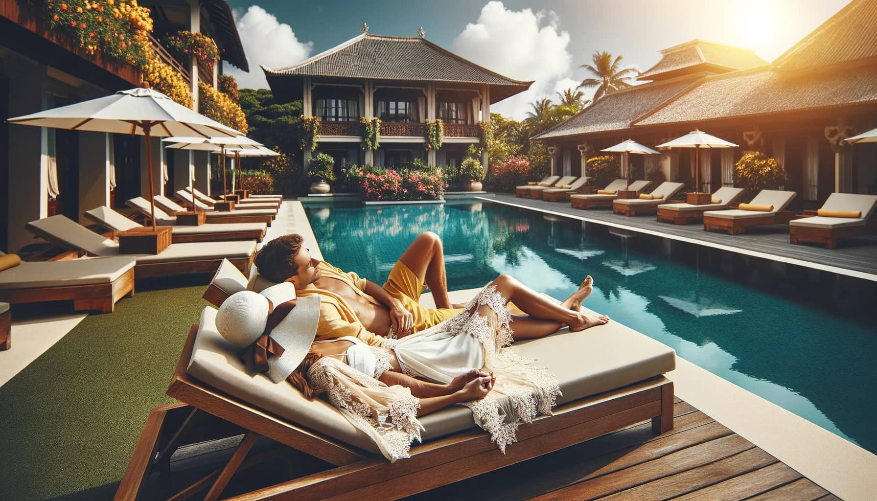 couple relaxing on a wooden sunbed by a pool the setting is a luxurious resort with a clear blue pool
