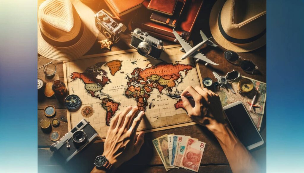 person planning a trip, with their hands on a world map spread out on a wooden table