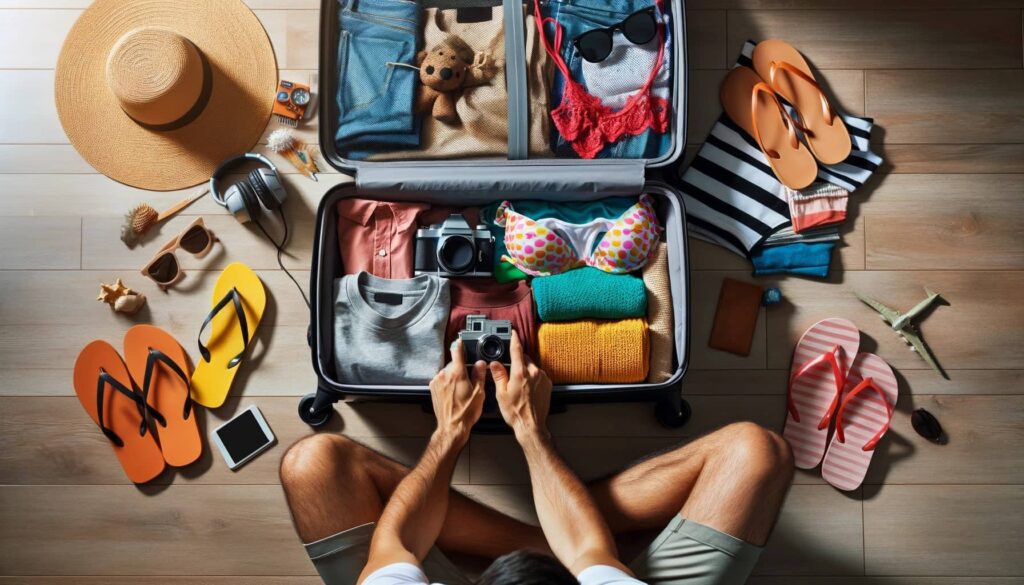 person sitting on the floor and packing a suitcase with summer vacation items