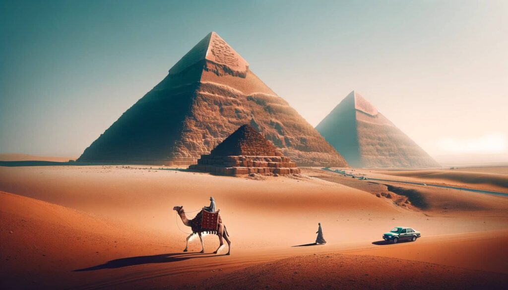 vast desert landscape under a clear sky, with the iconic Great Pyramids of Giza in Egypt