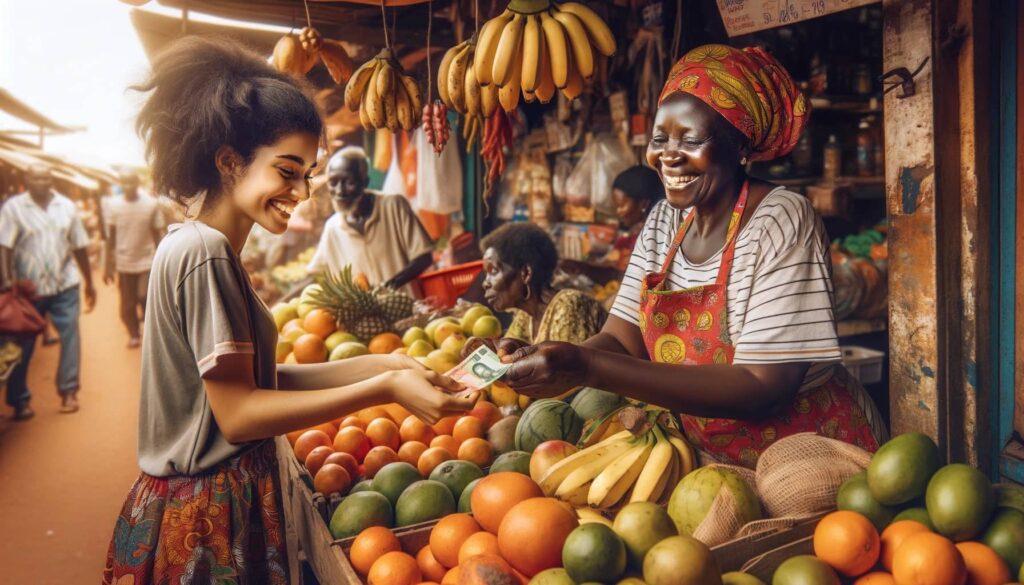 vibrant fruit market scene in Africa Two African women are cheerfully interacting one is a fruit vendor wearing a colorful apron